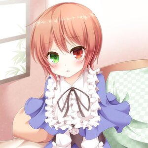 Rating: Safe Score: 0 Tags: 1boy :o blush capelet crossdressing dress frills green_eyes heterochromia image otoko_no_ko pillow red_eyes short_hair solo souseiseki User: admin