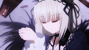 Rating: Safe Score: 0 Tags: 1girl bangs black_ribbon black_wings closed_eyes closed_mouth detached_collar dress frilled_sleeves frills hairband image interlocked_fingers long_hair long_sleeves ribbon silver_hair sleeping solo suigintou wings User: admin