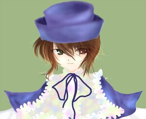 Rating: Safe Score: 0 Tags: 1girl blue_dress brown_hair collar dress green_background green_eyes hat heterochromia image long_sleeves looking_at_viewer red_eyes ribbon short_hair simple_background smile solo souseiseki suiseiseki User: admin