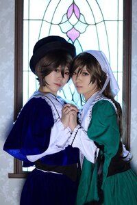 Rating: Safe Score: 0 Tags: 2girls apron blue_eyes brown_hair dress green_dress hat holding_hands indoors interlocked_fingers lips long_hair looking_at_viewer multiple_cosplay multiple_girls suiseiseki tagme window User: admin