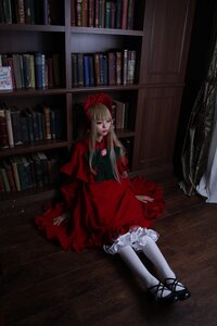 Rating: Safe Score: 0 Tags: 1girl blonde_hair bloomers book book_stack bookshelf dress indoors library long_hair long_sleeves pantyhose red_dress shinku shoes sitting solo white_legwear User: admin
