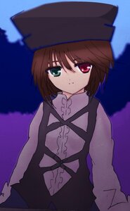 Rating: Safe Score: 0 Tags: 1girl black_headwear brown_hair dress expressionless green_eyes hariruri hat heterochromia image long_sleeves looking_at_viewer red_eyes sky solo souseiseki User: admin