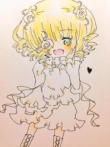 Rating: Safe Score: 0 Tags: 1girl bangs blonde_hair blush costume_switch dress drill_hair flower green_eyes hair_flower hair_ornament hands_on_own_face image long_sleeves open_mouth rose smile solo white_flower white_rose User: admin