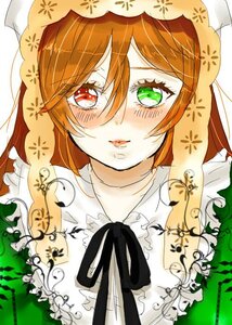 Rating: Safe Score: 0 Tags: 1girl black_ribbon blush brown_hair frills green_eyes head_scarf heterochromia image long_hair red_eyes ribbon solo suiseiseki tattoo User: admin