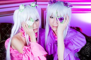 Rating: Safe Score: 0 Tags: 2girls eyepatch flower hair_ornament hands_on_own_face lips long_hair multiple_cosplay multiple_girls purple_flower rose silver_hair smile tagme twins User: admin