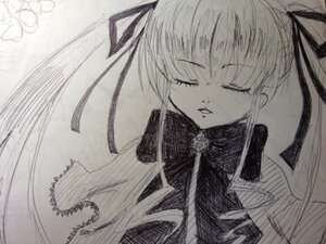 Rating: Safe Score: 0 Tags: 1girl closed_eyes hair_ribbon image long_hair monochrome ribbon shinku simple_background solo twintails upper_body User: admin
