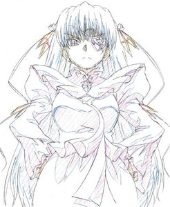 Rating: Safe Score: 0 Tags: 1girl barasuishou cowboy_shot dress hair_ornament hand_on_hip hands_on_hips image long_hair long_sleeves looking_at_viewer simple_background solo torn_clothes traditional_media white_background User: admin