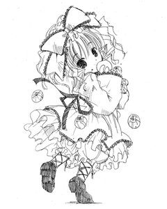 Rating: Safe Score: 0 Tags: 1girl blush bow dress eating frills full_body greyscale hair_bow hina_ichigo hinaichigo image long_sleeves looking_at_viewer looking_back monochrome ribbon rozen_maiden shoes simple_background solo watari_shinji white_background User: admin