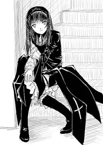 Rating: Safe Score: 0 Tags: 1girl araya_kei bangs dress frills gothic_lolita greyscale hairband image lolita_fashion long_hair long_sleeves looking_at_viewer monochrome rozen_maiden sitting solo stairs suigintou thighhighs User: admin