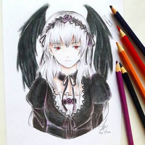 Rating: Safe Score: 0 Tags: 1girl artist_name bangs black_dress black_ribbon black_wings breasts closed_mouth dated detached_collar dress eyebrows_visible_through_hair feathered_wings feathers flower hairband half-closed_eyes image juliet_sleeves long_hair long_sleeves looking_at_viewer marker_(medium) neck_ribbon photo puffy_sleeves red_eyes ribbon rose shikishi signature silver_hair solo suigintou traditional_media upper_body wings User: admin