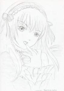 Rating: Safe Score: 0 Tags: 1girl akemi_homura blush finger_to_mouth hairband image long_hair looking_at_viewer monochrome simple_background sketch solo suigintou white_background User: admin