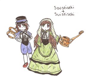 Rating: Safe Score: 0 Tags: brown_hair dress green_dress green_eyes hat head_scarf heterochromia image long_hair long_sleeves looking_at_viewer multiple_girls pair red_eyes siblings simple_background sisters souseiseki suiseiseki twins watering_can white_background User: admin