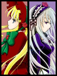 Rating: Safe Score: 0 Tags: 2girls black_border blonde_hair blue_eyes bow dress flower green_bow hat image letterboxed long_hair long_sleeves multiple_girls pair profile shinku silver_hair suigintou User: admin