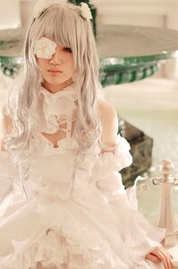 Rating: Safe Score: 0 Tags: 1girl bangs bare_shoulders blindfold blurry blurry_background closed_mouth depth_of_field dress eyepatch flower hair_flower indoors kirakishou lips long_hair one_eye_covered sitting solo white_hair User: admin