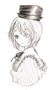 Rating: Safe Score: 0 Tags: 1girl cropped_torso eyebrows_visible_through_hair greyscale hat image looking_at_viewer monochrome ribbon short_hair solo souseiseki striped traditional_media upper_body vertical_stripes User: admin