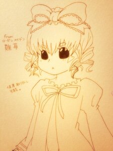 Rating: Safe Score: 0 Tags: 1girl :< :t bangs blush bow closed_mouth dated dress drill_hair eyebrows_visible_through_hair hina_ichigo hinaichigo image long_sleeves monochrome pout ribbon solo twin_drills upper_body User: admin