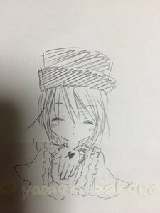 Rating: Safe Score: 0 Tags: 1girl blush closed_eyes eyebrows_visible_through_hair greyscale hat image long_sleeves monochrome photo short_hair simple_background smile solo souseiseki tate_eboshi traditional_media upper_body yumeki_kokoro User: admin