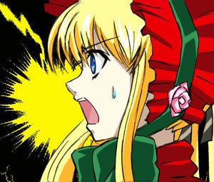 Rating: Safe Score: 0 Tags: 1girl blonde_hair blue_eyes bonnet bow flower image long_hair open_mouth parody profile rose shinku sidelocks simple_background solo User: admin