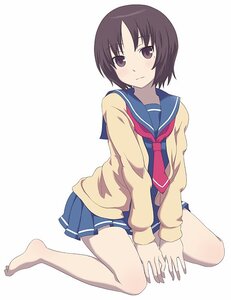 Rating: Safe Score: 0 Tags: 1girl auto_tagged barefoot blush cardigan human image kashiwaba_tomoe school_uniform serafuku short_hair sitting skirt solo striped striped_background vertical_stripes wariza User: admin