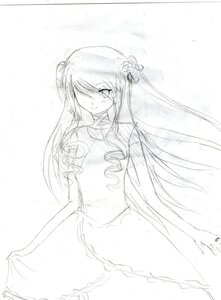 Rating: Safe Score: 0 Tags: 1girl cowboy_shot dress flower frills greyscale hair_flower hair_ornament hair_over_one_eye image kirakishou long_hair looking_at_viewer monochrome simple_background solo white_background User: admin