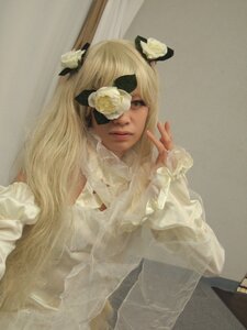 Rating: Safe Score: 0 Tags: 1girl bangs blonde_hair closed_mouth dress eyepatch flower hair_flower hair_ornament kirakishou lips long_hair long_sleeves photo realistic sitting solo white_flower white_rose User: admin
