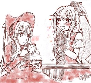 Rating: Safe Score: 0 Tags: 2girls blush bonnet bow food hat heart image long_hair monochrome multiple_girls open_mouth ponytail shinku smile solo User: admin