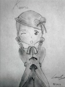 Rating: Safe Score: 0 Tags: 1girl auto_tagged bow dress drill_hair greyscale image kanaria long_sleeves looking_at_viewer monochrome one_eye_closed open_mouth photo signature smile solo traditional_media twin_drills User: admin