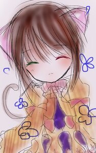 Rating: Safe Score: 0 Tags: 1girl animal_ears bow brown_hair cat_ears cat_tail closed_eyes dress hariruri image sleeping solo souseiseki striped tail User: admin