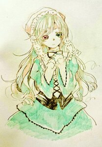 Rating: Safe Score: 0 Tags: 1girl animal_on_shoulder dress frills green_dress hat image long_hair long_sleeves solo suiseiseki traditional_media User: admin