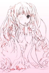 Rating: Safe Score: 0 Tags: 1girl blush dress finger_to_mouth frills hair_ornament image kirakishou long_hair long_sleeves monochrome pink_theme solo striped very_long_hair User: admin