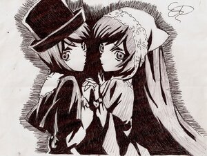 Rating: Safe Score: 0 Tags: 2girls dress hat holding_hands image interlocked_fingers long_hair long_sleeves looking_at_viewer monochrome multiple_girls pair short_hair siblings sisters souseiseki suiseiseki yuri User: admin