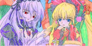 Rating: Safe Score: 0 Tags: 2girls blonde_hair blue_eyes dress drill_hair flower frills hairband image long_hair long_sleeves looking_at_viewer marker_(medium) multiple_girls pair red_eyes shinku suigintou traditional_media twintails umbrella watercolor_(medium) User: admin