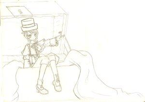 Rating: Safe Score: 0 Tags: 1girl bangs boots hat image kneehighs long_sleeves monochrome short_hair shorts sitting solo souseiseki User: admin