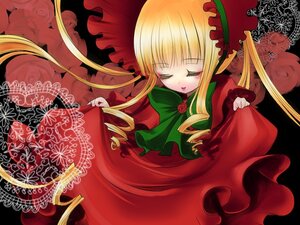 Rating: Safe Score: 0 Tags: 1girl blonde_hair bonnet bow closed_eyes dress flower image long_hair long_sleeves red_dress rose shinku sidelocks sleeping solo twintails User: admin