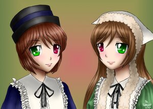 Rating: Safe Score: 0 Tags: 2girls black_ribbon blush brown_hair frills green_background green_eyes hat head_scarf heterochromia image long_hair long_sleeves looking_at_viewer multiple_girls pair red_eyes siblings simple_background sisters smile souseiseki suiseiseki twins User: admin
