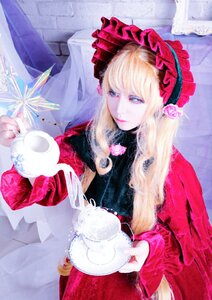 Rating: Safe Score: 0 Tags: 1girl bangs blonde_hair blue_eyes cup dress flower food long_hair red_dress rose saucer shinku solo teacup teapot User: admin