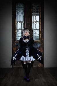 Rating: Safe Score: 0 Tags: 1girl black_legwear choker dress flower gothic_lolita hairband indoors lolita_fashion long_hair long_sleeves looking_at_viewer shoes silver_hair solo standing suigintou thighhighs window User: admin