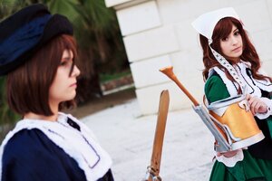 Rating: Safe Score: 0 Tags: 2girls apron blurry blurry_background brown_hair depth_of_field dress green_eyes hat lips maid multiple_cosplay multiple_girls photo realistic tagme User: admin