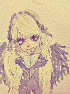 Rating: Safe Score: 0 Tags: 1girl bangs closed_mouth dress hairband image long_hair looking_at_viewer monochrome smile solo suigintou traditional_media upper_body wings User: admin
