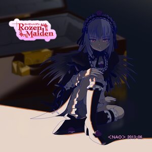 Rating: Safe Score: 0 Tags: 1girl black_dress boots copyright_name doll_joints dress flower frills hairband image long_hair long_sleeves looking_at_viewer puffy_sleeves silver_hair sitting solo suigintou wings User: admin