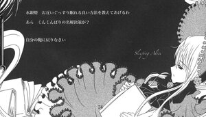Rating: Safe Score: 0 Tags: 1girl bonnet dress flower frills greyscale hairband image long_hair long_sleeves monochrome open_book rose shinku solo suigintou User: admin