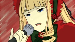 Rating: Safe Score: 0 Tags: 1girl bangs blonde_hair blue_eyes blunt_bangs bow drill_hair flower image long_hair microphone music open_mouth parody pink_bow rose shinku sidelocks solo User: admin