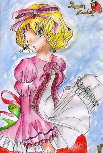 Rating: Safe Score: 0 Tags: 1girl blonde_hair bloomers blush dress food frills fruit green_eyes hair_ribbon hina_ichigo hinaichigo image pink_bow puffy_short_sleeves puffy_sleeves ribbon short_hair solo strawberry traditional_media underwear User: admin