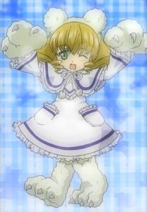 Rating: Safe Score: 0 Tags: 1girl ;d blonde_hair dress drill_hair frills full_body green_eyes hinaichigo image long_sleeves looking_at_viewer one_eye_closed open_mouth paws plaid_background smile solo standing User: admin
