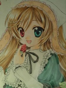 Rating: Safe Score: 0 Tags: 1girl blonde_hair dress food frills fruit green_dress hat heterochromia holding holding_food holding_fruit image long_hair long_sleeves open_mouth simple_background smile solo strawberry suiseiseki traditional_media User: admin