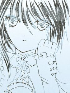 Rating: Safe Score: 0 Tags: 1girl blue_theme blush eyebrows_visible_through_hair hariruri image long_sleeves monochrome solo souseiseki upper_body User: admin