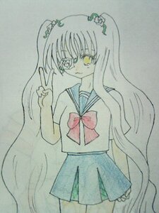Rating: Safe Score: 0 Tags: 1girl bow cowboy_shot hair_ornament image kirakishou long_hair looking_at_viewer pleated_skirt school_uniform serafuku short_sleeves simple_background skirt solo traditional_media twintails v very_long_hair w yellow_eyes User: admin