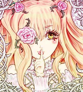 Rating: Safe Score: 0 Tags: 1girl blonde_hair finger_to_mouth flower hair_ornament horns image kirakishou long_hair pink_rose rose solo thorns yellow_eyes User: admin