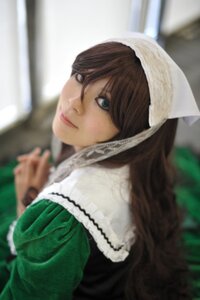 Rating: Safe Score: 0 Tags: 1girl bangs blue_eyes blurry blurry_background blurry_foreground bonnet brown_hair closed_mouth depth_of_field dress green_dress head_scarf lips long_hair long_sleeves looking_at_viewer photo smile solo suiseiseki User: admin