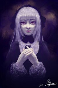 Rating: Safe Score: 0 Tags: 1girl artist_name bangs blunt_bangs closed_mouth hands_clasped image interlocked_fingers lips long_hair long_sleeves looking_at_viewer own_hands_together red_eyes ribbon signature solo suigintou upper_body white_hair User: admin